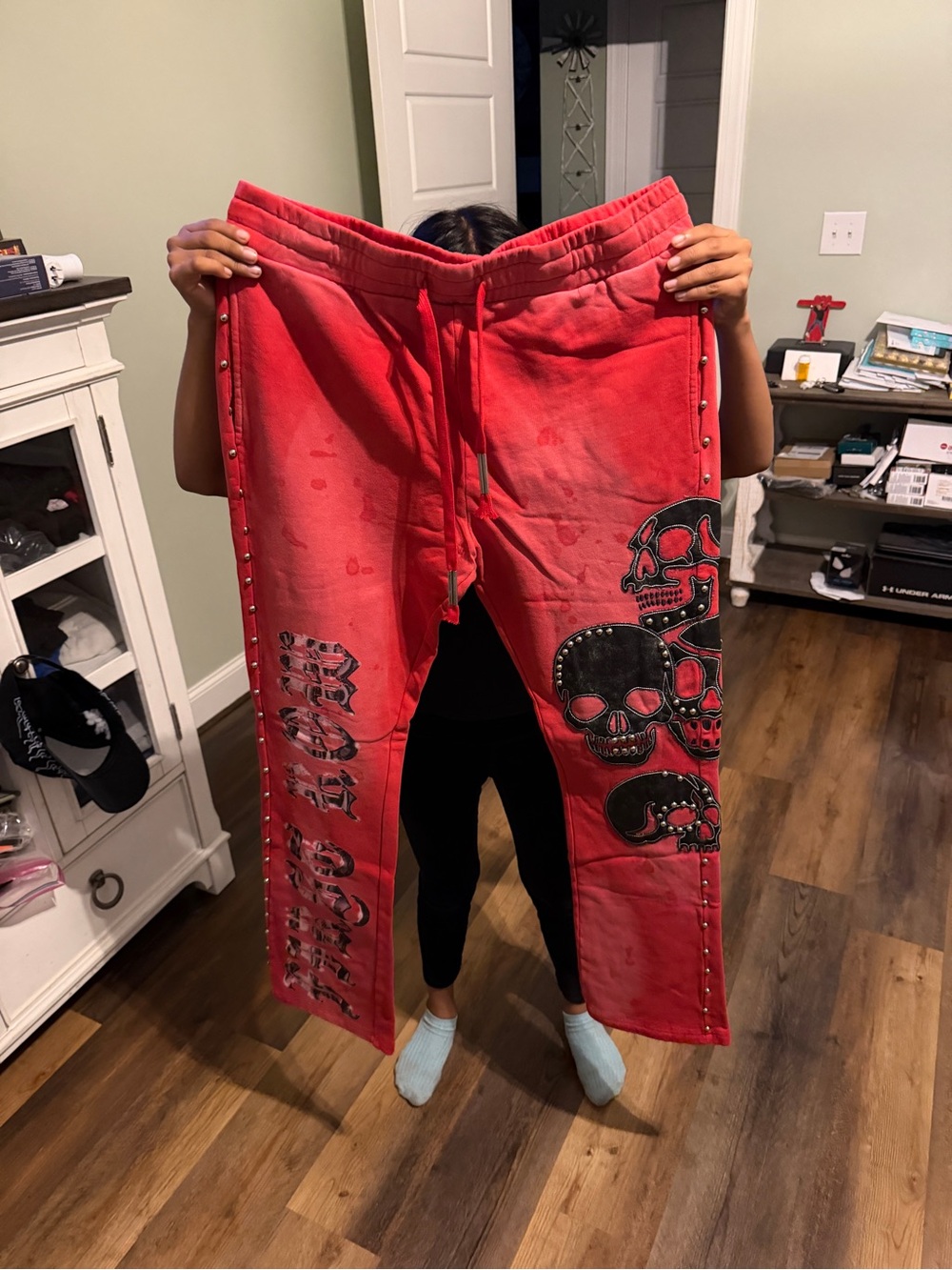 Red Skull Graphic Jogger Sweatpants with Stud Accents